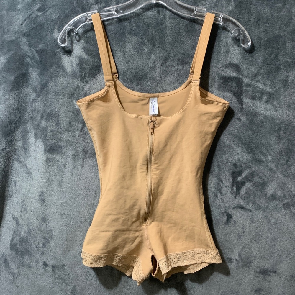 Leonisa Shapewear Bodysuit Women Small 018678N Nude Front Zip Lace Trim EUC